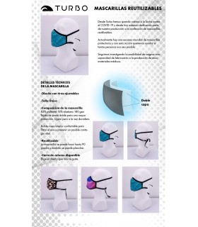 Mascarilla REUTILIZABLE Covid-19. Tiras ajustables. lavable a 90º. turbo