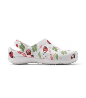 Zueco GLOBULE ESTAMPADOS mariquitas - fresas vista lateral. Antideslizantes. Schu´zz