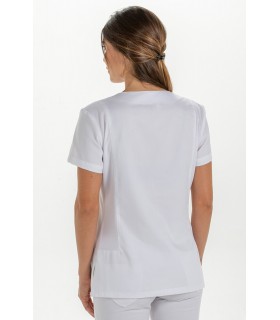 Casaca sanitaria de mujer en manga corta 8029900. Cuello pico. Espalda Dyneke