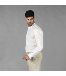 Camisa Hombre Lino Cotton Cuello Mao Tiwi  210007 Garys Lateral Blanco