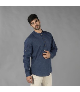 Camisa Hombre Lino Cotton Cuello Mao Tiwi  210007 Garys Frente Marino
