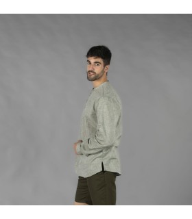 Camisa Hombre Lino Cotton Cuello Mao Tiwi  210007 Garys Lateral Verde Musgo