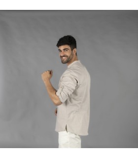 Camisa Hombre Chambray Cuello Mao Nias 210009 Garys Lateral Beige