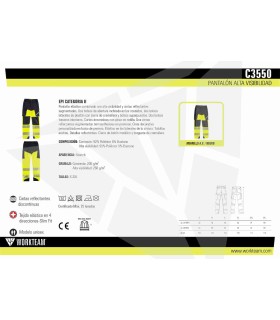 Pantalón de Alta visibilidad elástico bicolor con cintas segmentadas C3550. Workteam5