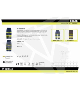 Pantalón certificado para soldaduras, ignífugo, antiestático, arco eléctrico y visibilidad realzada B1496. Workteam5
