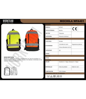 Mochila de alta visibilidad con capacidad para 25L WFA401. Workteam3
