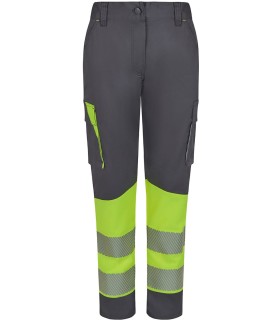 Pantalón de mujer alta visibilidad stretch, reciclado y cinta segmentada 303032SW. Velilla9