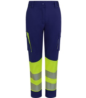 Pantalón de mujer alta visibilidad stretch, reciclado y cinta segmentada 303032SW. Velilla11