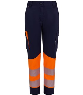 Pantalón de mujer alta visibilidad stretch, reciclado y cinta segmentada 303032SW. Velilla15