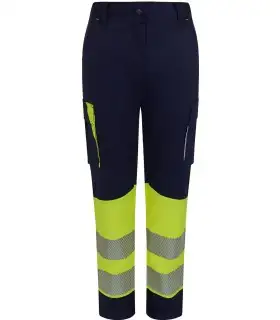 Pantalón de mujer alta visibilidad stretch, reciclado y cinta segmentada 303032SW. Velilla17