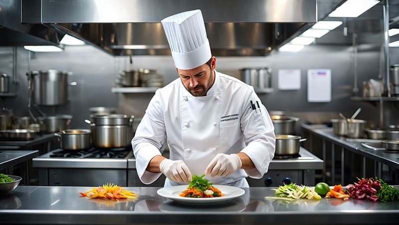 Equipo de cocina profesional con uniformes blancos impolutos trabajando en un entorno limpio.