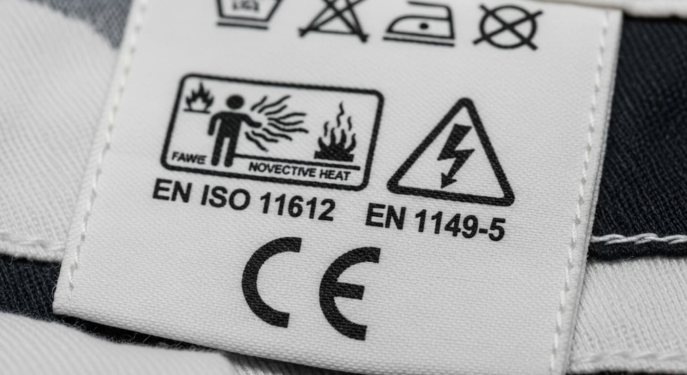Ejemplo de etiqueta de ropa EPI con marcado CE y pictogramas de normativas de seguridad.