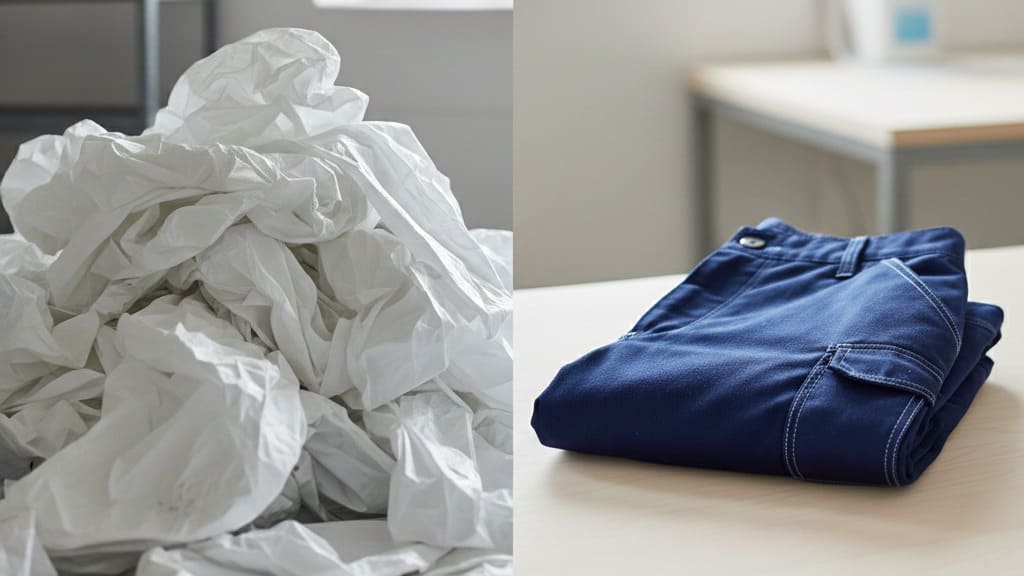 Montaña de monos desechables usados frente a un pantalón de trabajo duradero cuidadosamente doblado