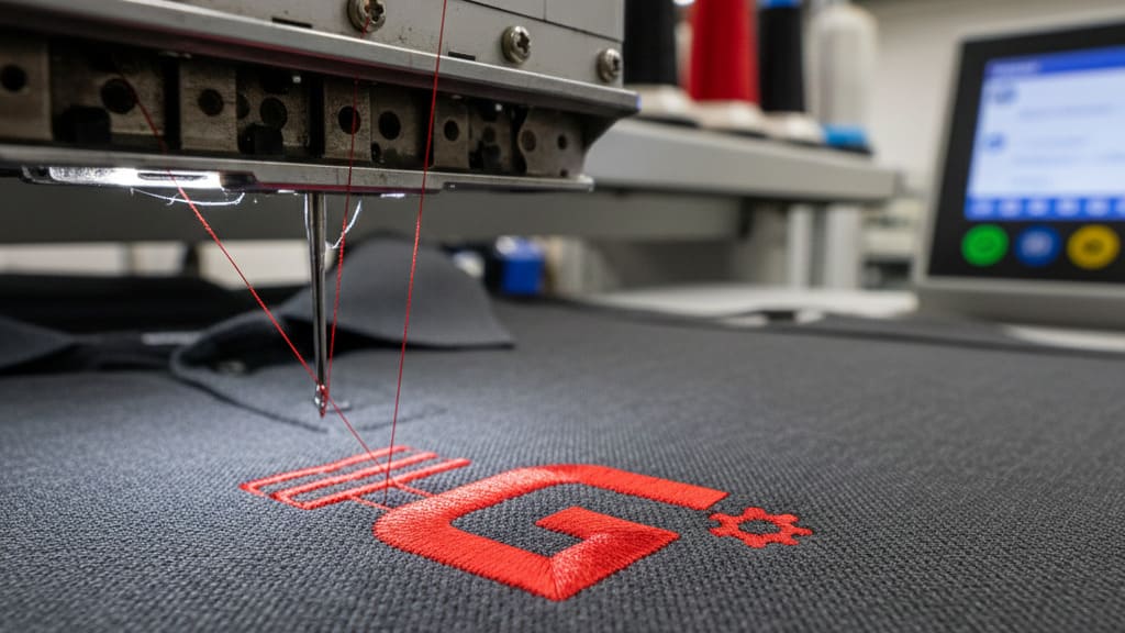 Primer plano de una máquina de bordar aplicando un logo corporativo sobre un polo de trabajo de alta calidad