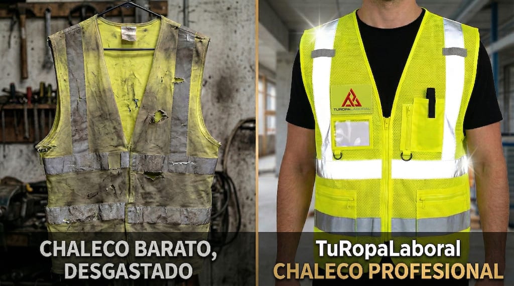 Comparativa de brillo entre chaleco básico y chaleco profesional de TuRopaLaboral
