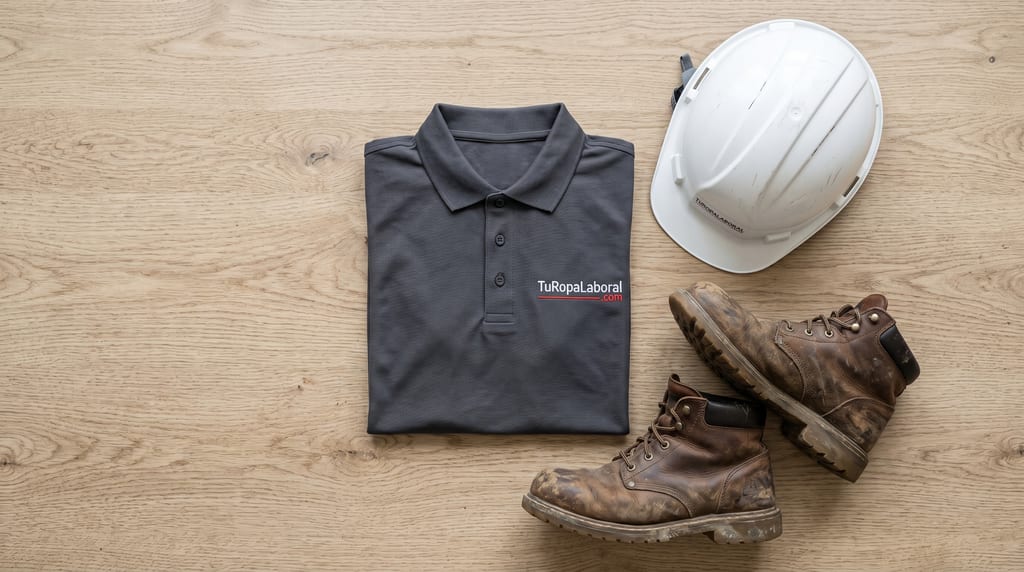Plano cenital de un polo de trabajo profesional gris oscuro, doblado nítidamente, con el logotipo bordado de TuRopaLaboral.com