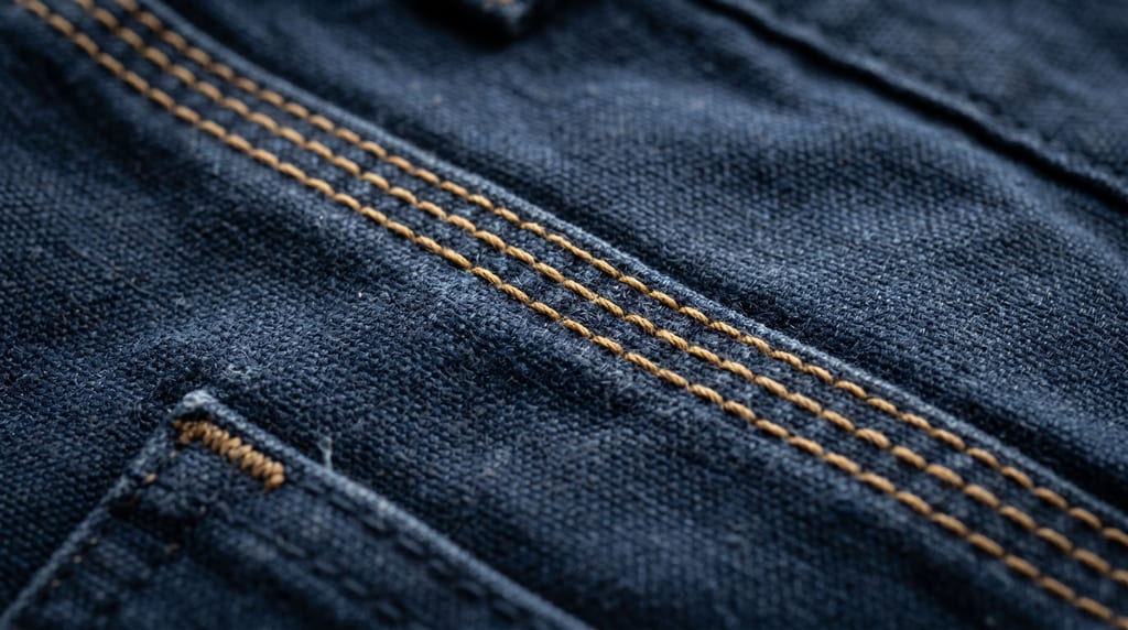 Primer plano macro de costuras dobles reforzadas en tela de pantalón de trabajo azul marino resistente