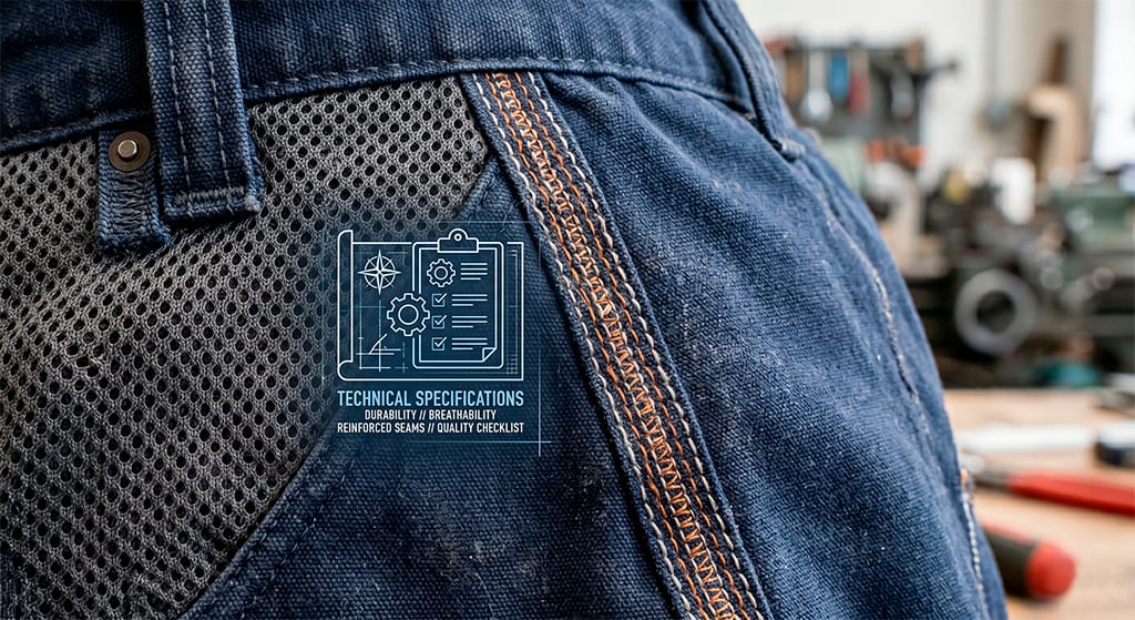 Detalle técnico de tejidos resistentes y costuras reforzadas para vestuario laboral