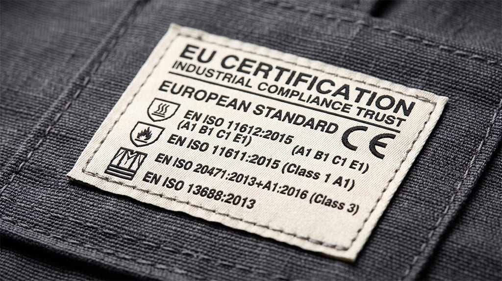 Gerente e inspector revisando etiquetas de certificación en ropa técnica