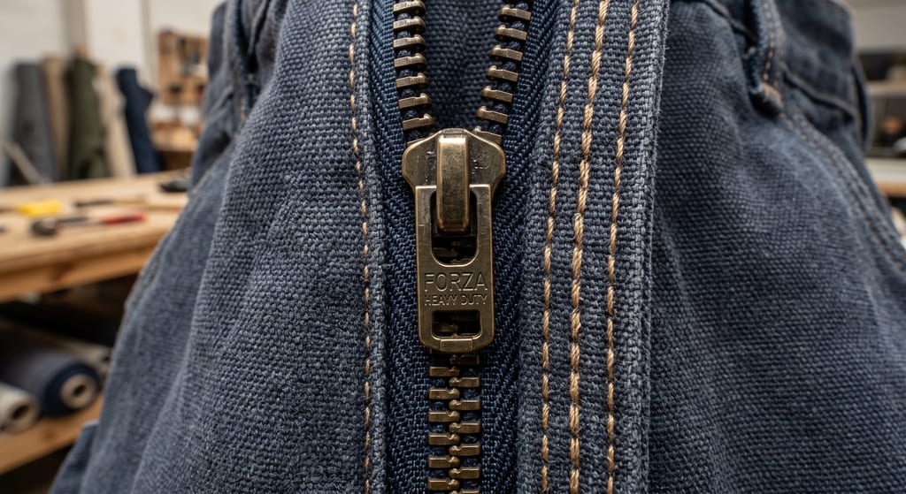 Detalle de costuras y cremallera reforzada en ropa de trabajo profesional